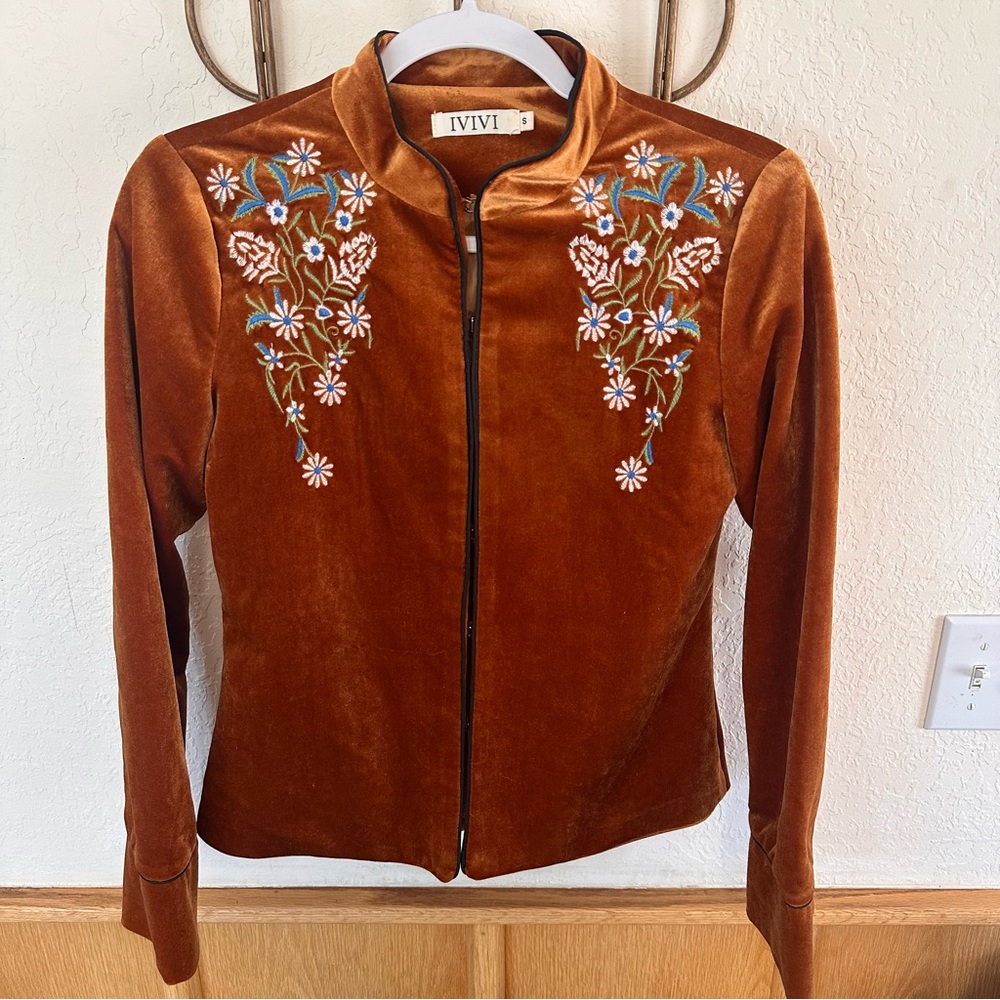 IVIVI Orange Velvet Embroidered Women's Jacket